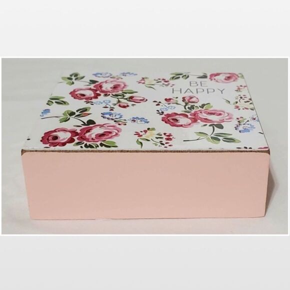 New White Floral Motivational BE HAPPY Wood Box Sign Décor - Picture 10 of 10